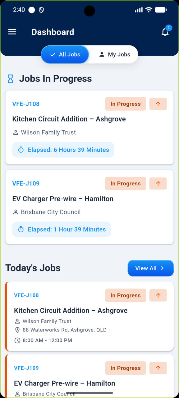 AxiomBlue mobile dashboard listing today's jobs in progress with live elapsed-time counters