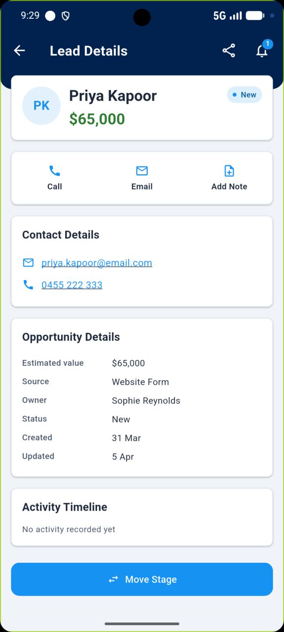 Lead detail screen showing a $65,000 opportunity with call, email and move-stage actions