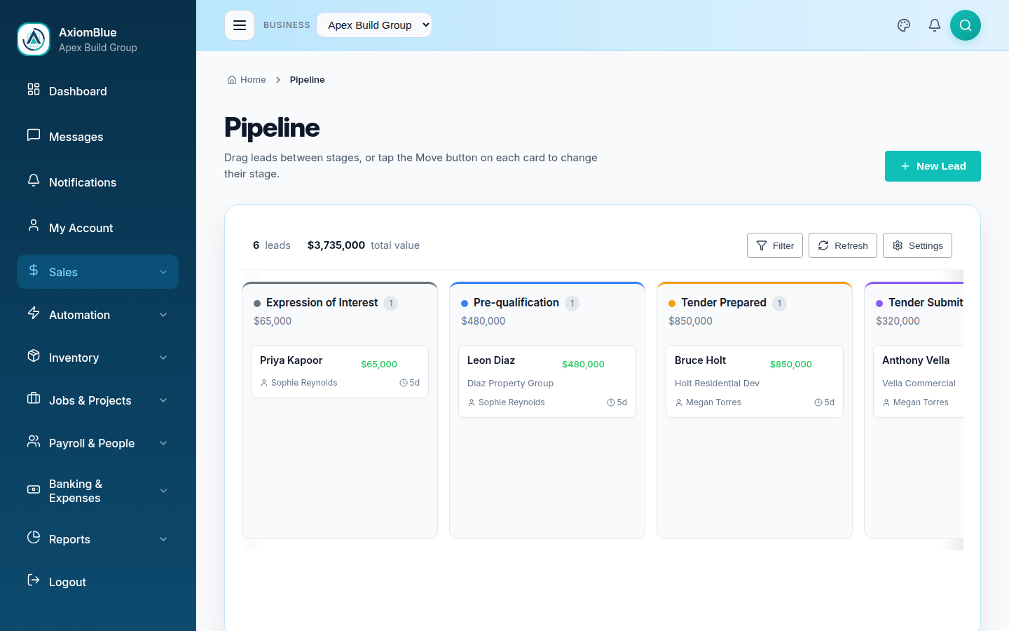 AxiomBlue CRM Pipeline