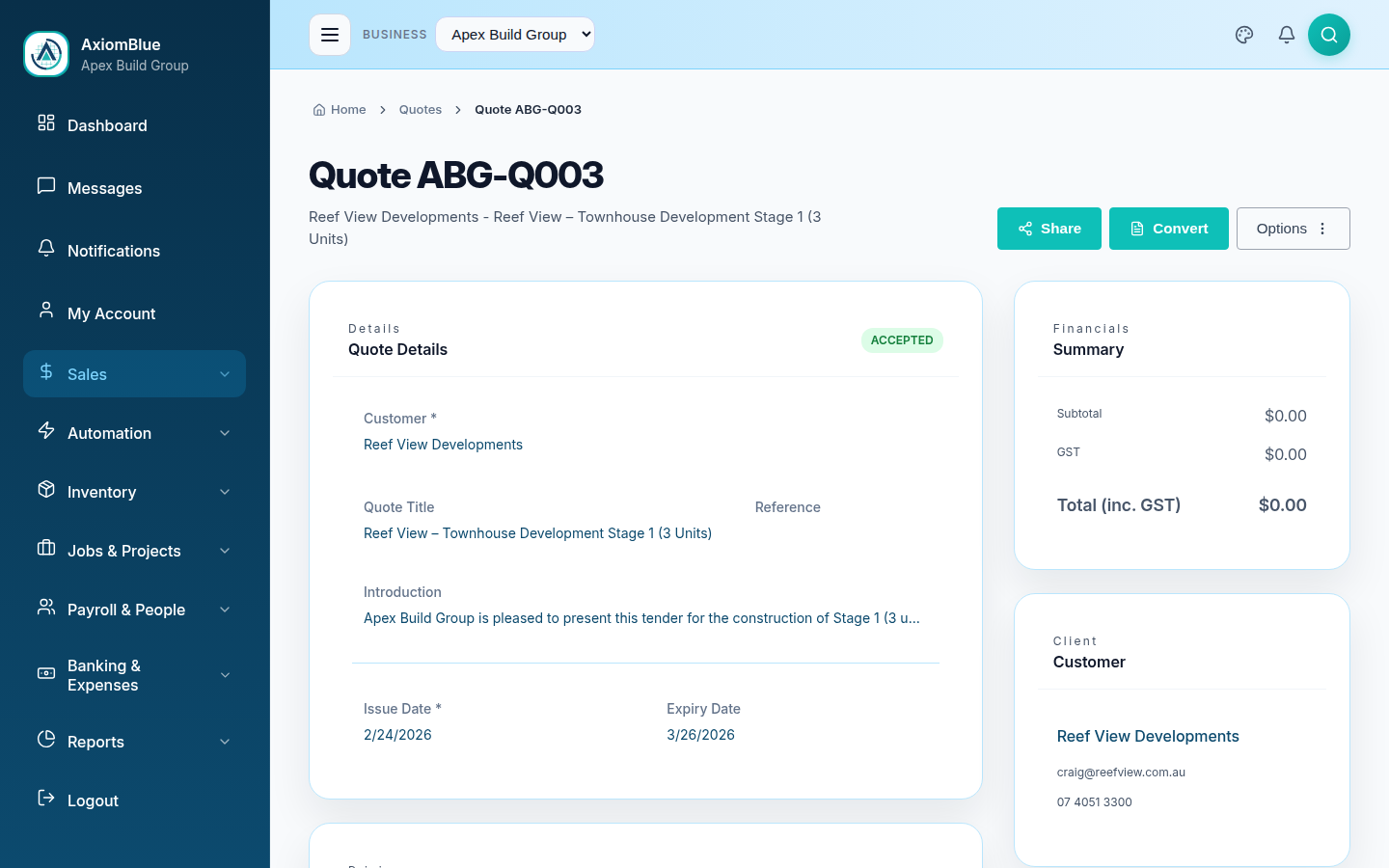 AxiomBlue Quote Editor - Professional quoting with line items and markup