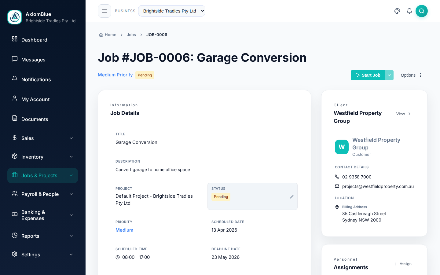 AxiomBlue Job Detail - Full job tracking with time, materials and profitability