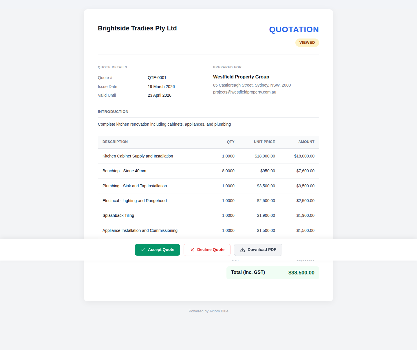 Customer Quote View with Accept and Decline