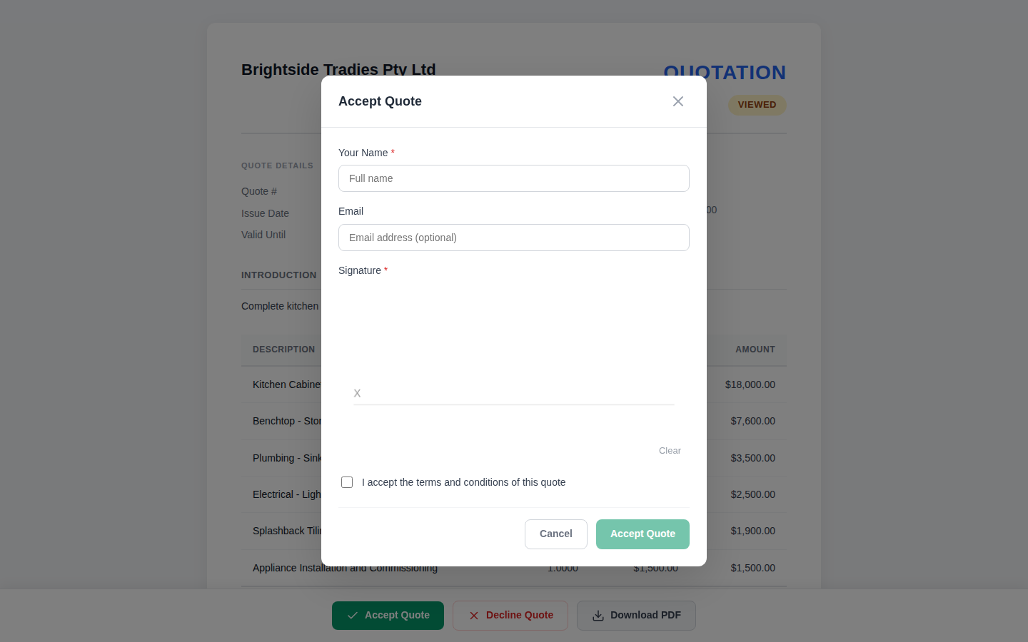 Quote Acceptance with Digital Signature