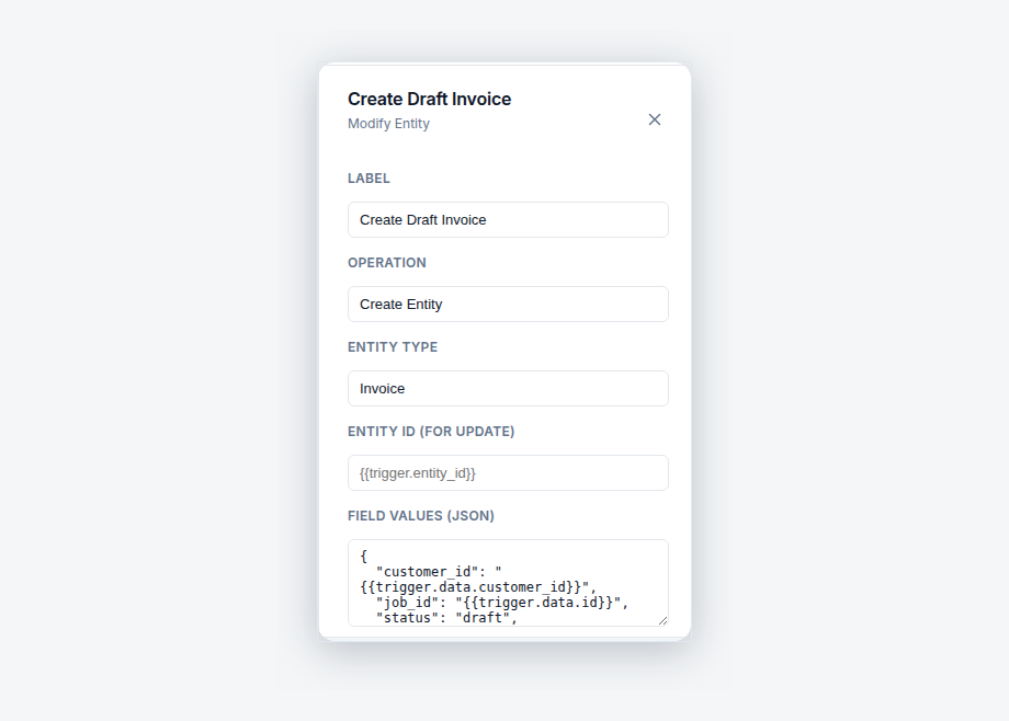 Modify Entity node set to Create Entity, entity type Invoice, with field values drawn from the job