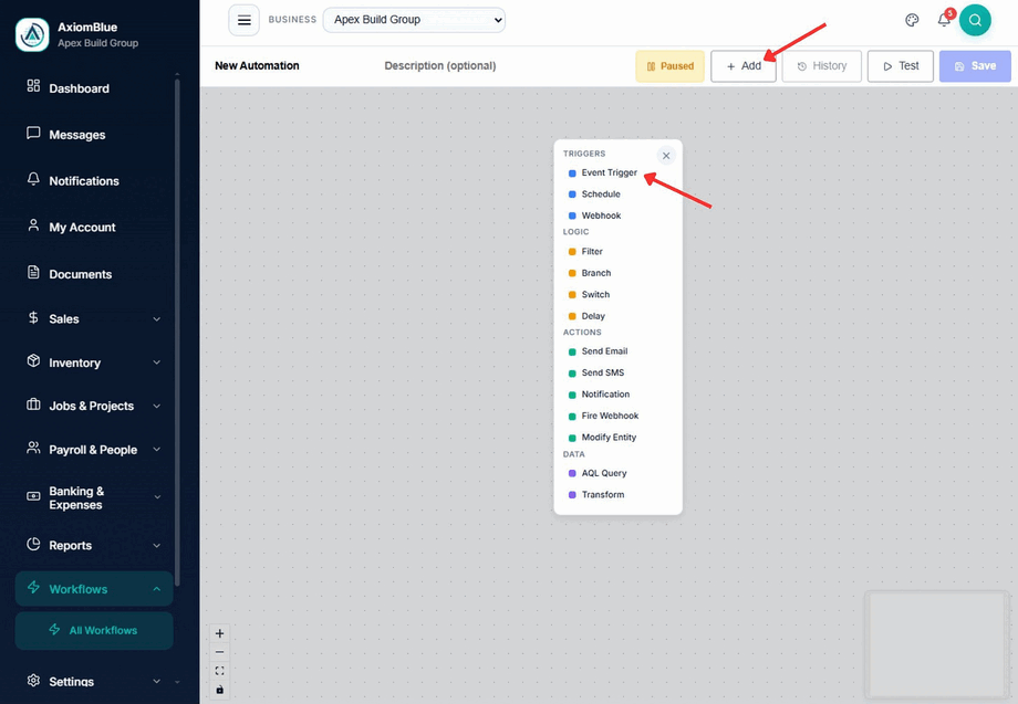 The Axiom Blue automation canvas with the node palette open, grouped into Triggers, Logic, Actions and Data, with Event Trigger highlighted