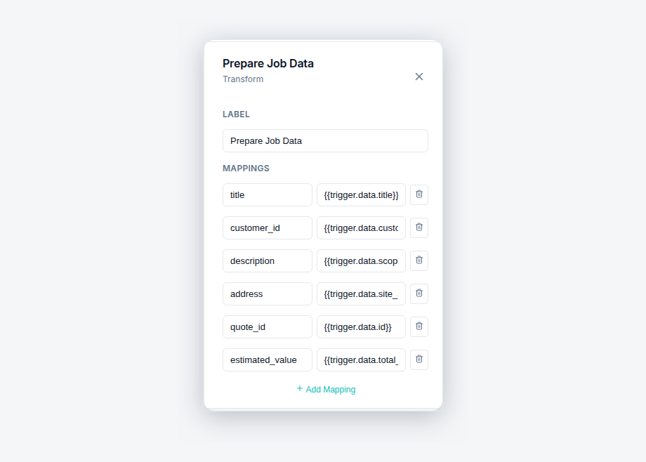 Transform node mapping quote fields such as title, customer, scope, address and value onto job fields