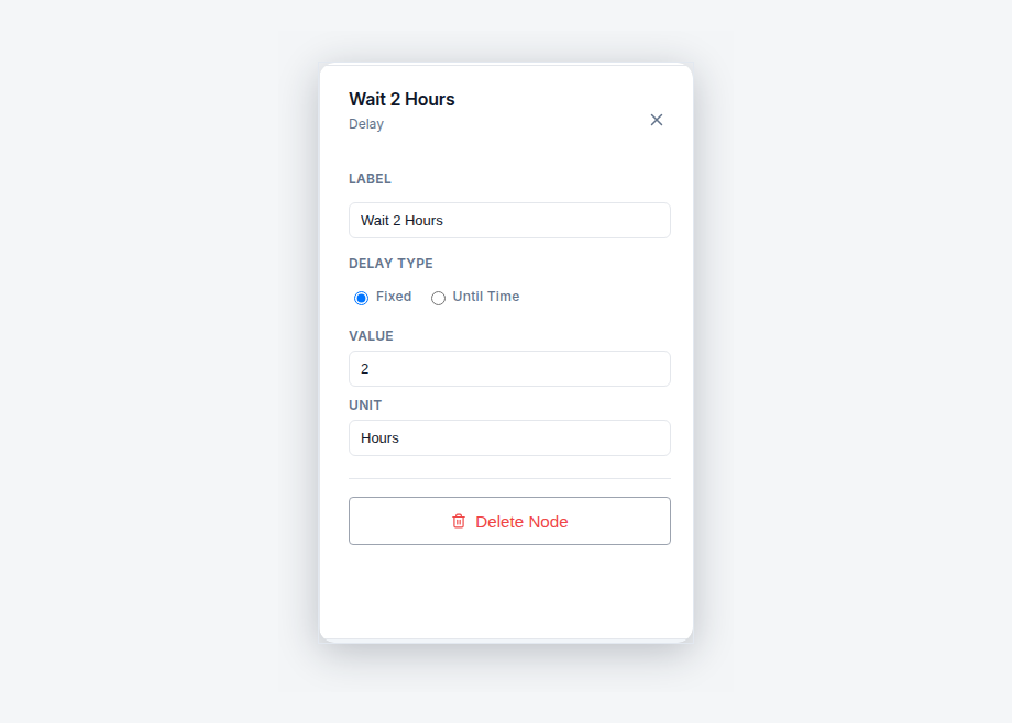 Delay node configuration panel set to a fixed delay of 2 hours