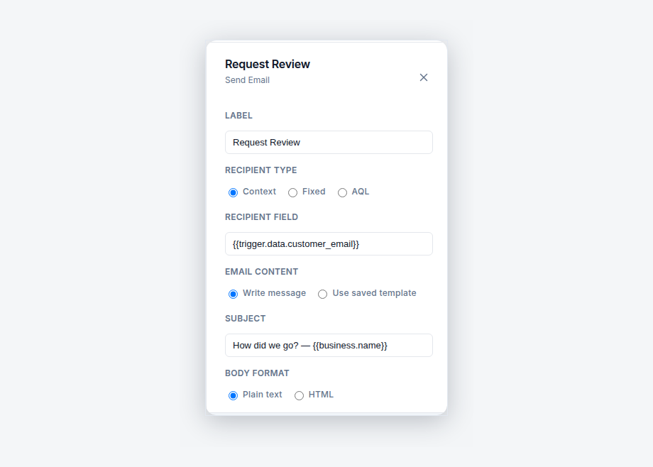 Send Email node configuration panel showing recipient set to the customer email and a subject line that asks how the job went