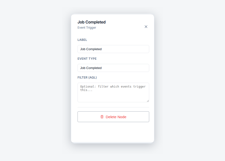 Event Trigger node configuration panel with the event type set to Job Completed