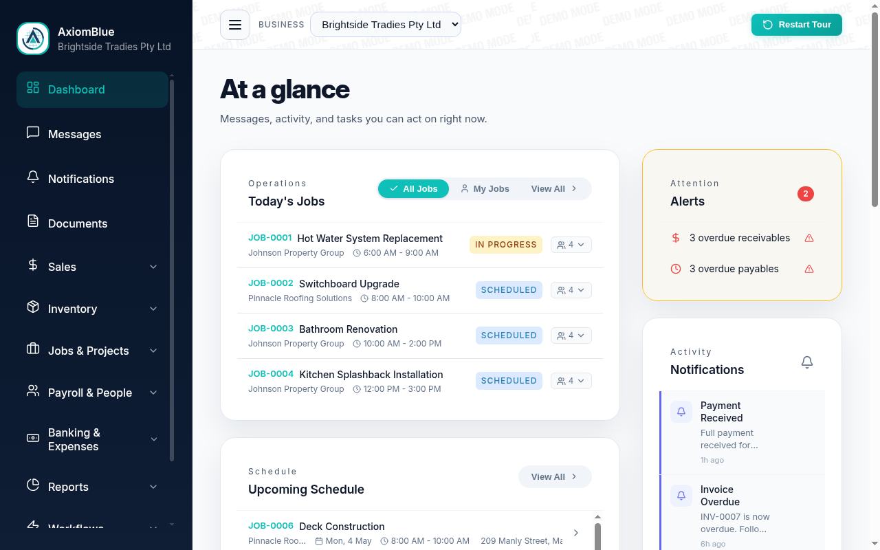 AxiomBlue job management software dashboard showing jobs, revenue, and crew activity