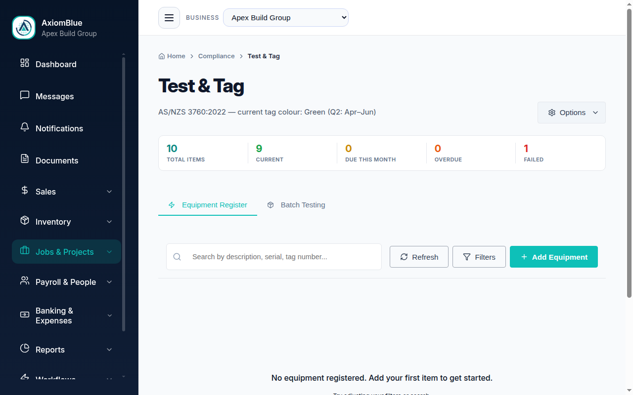 AxiomBlue Test and Tag register