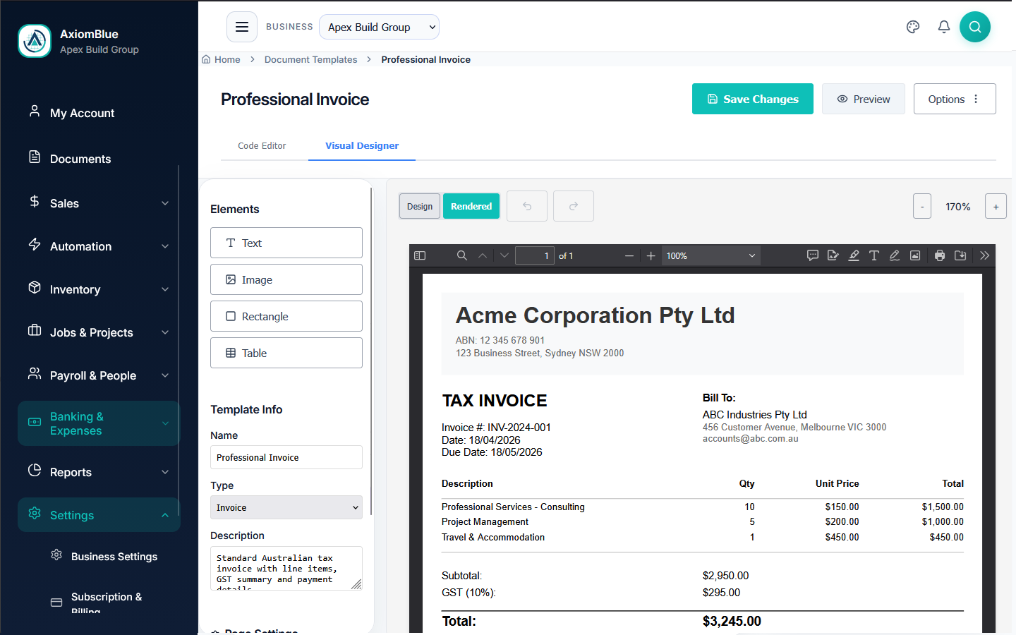 AxiomBlue Invoice Editor - Custom branded invoice templates