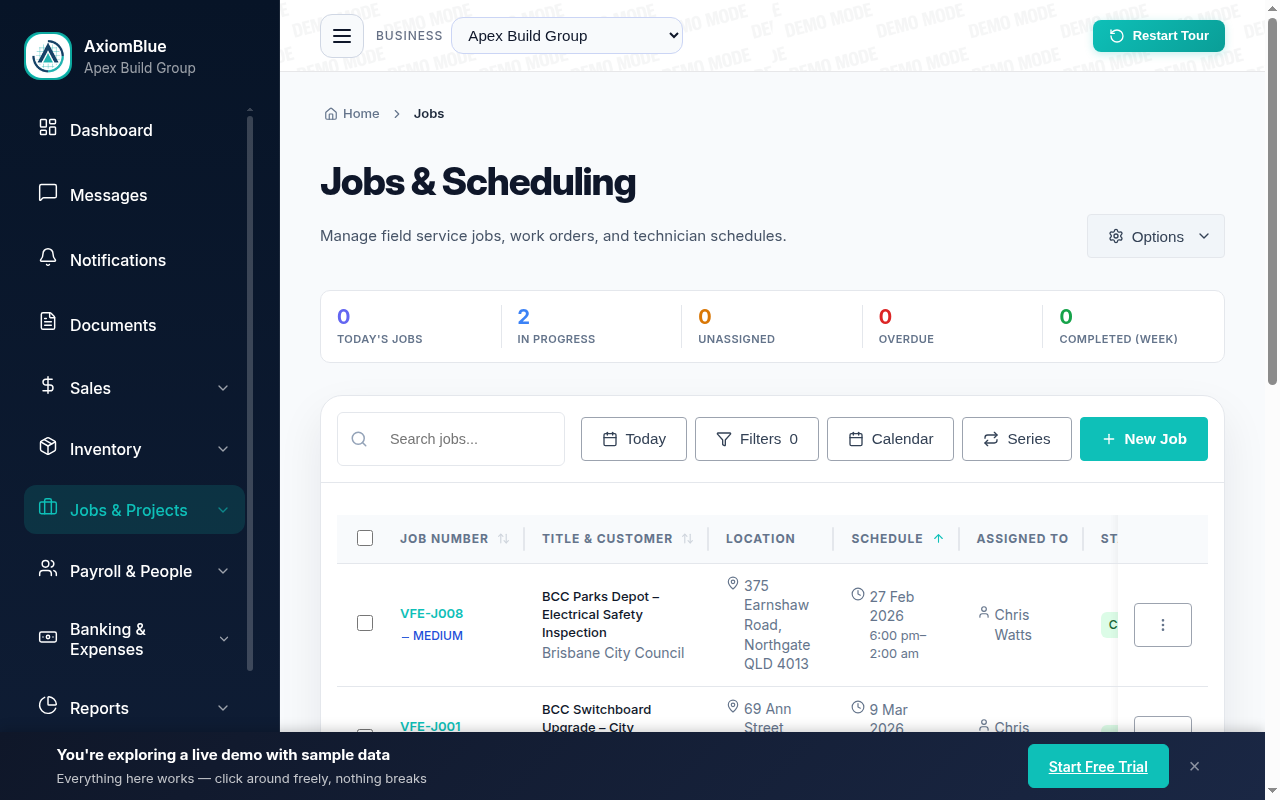 AxiomBlue job management app showing the jobs list with status, crew, and site details on mobile