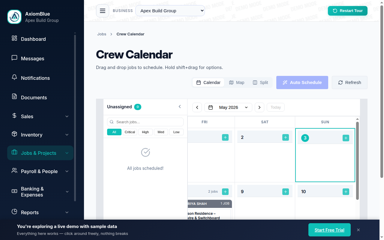 AxiomBlue scheduling calendar on desktop showing jobs laid out across the week, the view where recurring pest control treatments appear as they regenerate