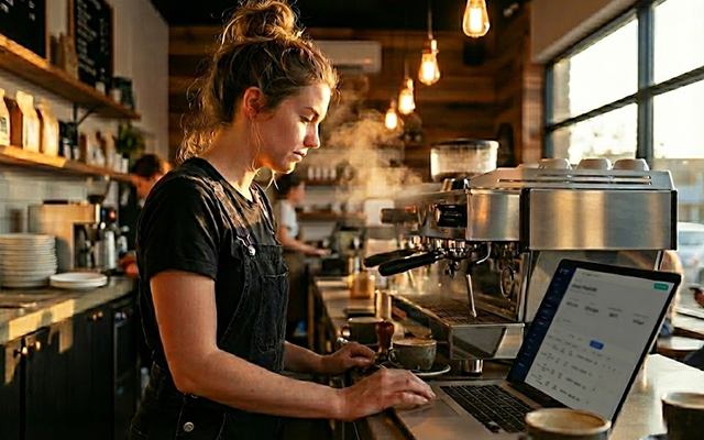 Screenshot of AxiomBlue CRM showing customer list with contact details, communication history, and quote status