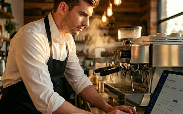 Screenshot of AxiomBlue inventory management showing stock levels, low stock alerts, and purchase orders