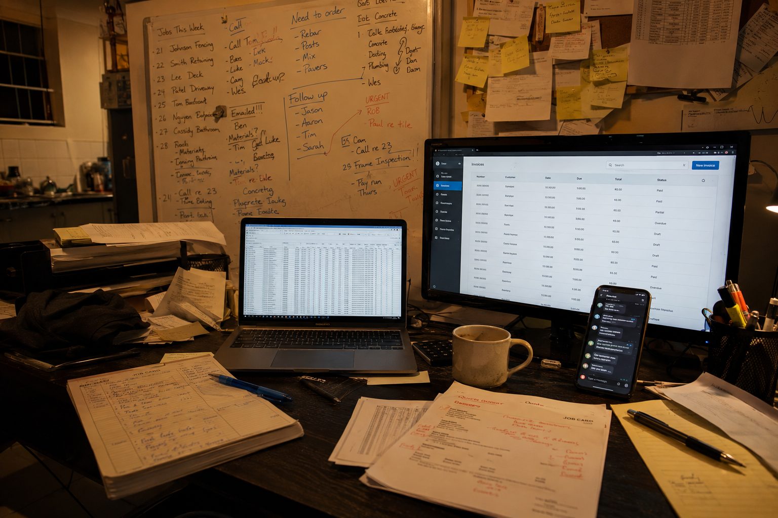 The typical tradie stack, whiteboard, paper, spreadsheets and three apps that don't talk to each other