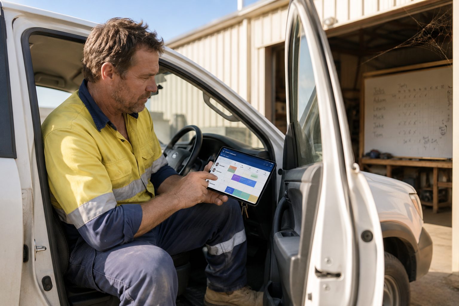 Tradie running his crew schedule from his phone in the ute, the old workshop whiteboard abandoned behind him