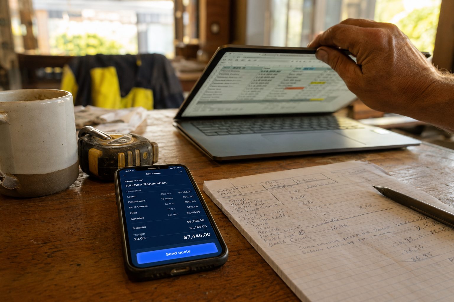 An Excel quote being closed on a laptop, a clean AxiomBlue quote ready to send on the phone beside it