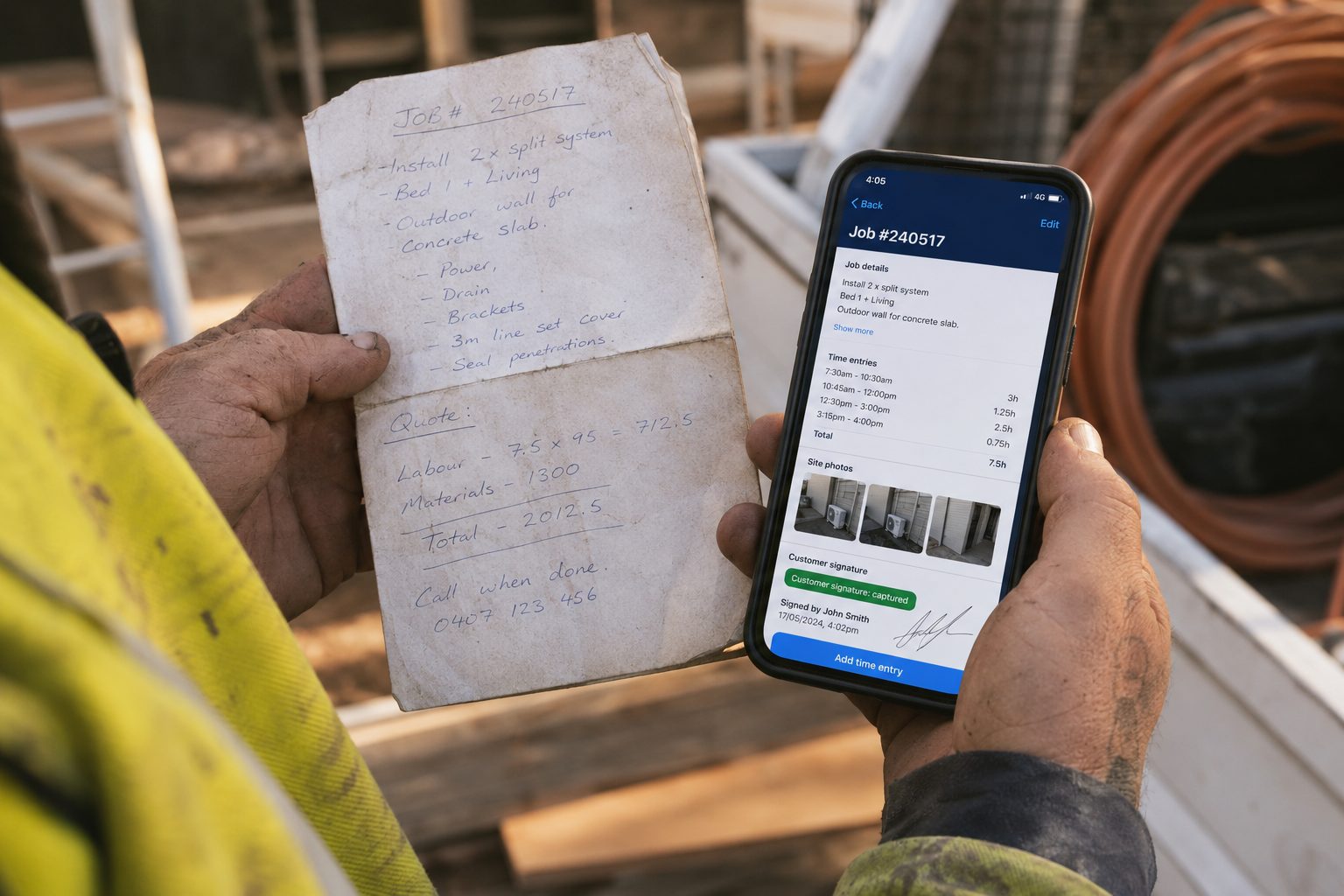 A weather-worn paper job card in one hand, the same job complete with photos and signature on a phone in the other