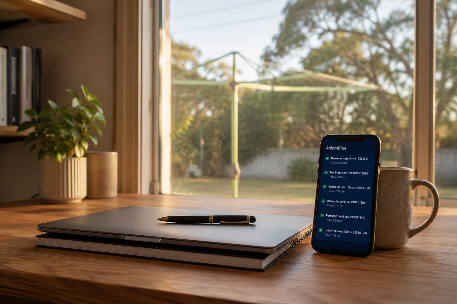 A closed laptop on a tidy weekend desk, a phone showing the feed of automatically sent payment reminders