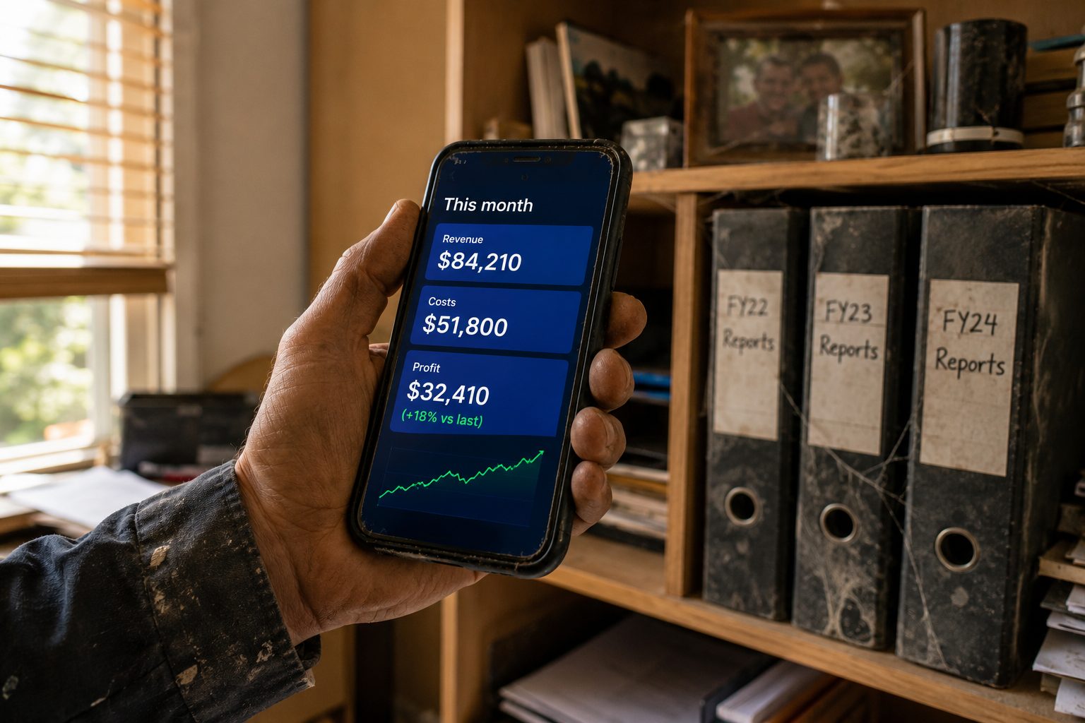 Dusty old report folders on a shelf, live month-to-date profit on the phone in hand